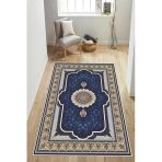 Klasik Desenli Göbekli Baskılı Kaymaz Yıkanabilir Salon Oturma Odası Halısı Yolluk 100 X 400 Cm Lacivert