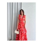 Klex Çiçek Desenli Yakası Volanlı Cut-Out Maxi Elbise 5059