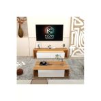 Klubeconcept Modern Ceviz Tv Ünitesi Orta Sehpa Seti – Beyaz Kapaklı Led’li Takım %100 Mdf 160 Cm