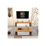 Klubeconcept Modern Travertan Mermer Desenli Tv Ünitesi Orta Sehpa Seti – Beyaz Kapaklı Led’li Takım %100 Mdf