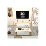 Klubeconcept Modern Travertan Mermer Desenli Tv Ünitesi Orta Sehpa Seti Beyaz Led’li Takım %100 Mdf 180 Cm