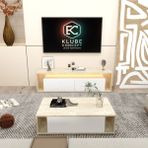 Klubeconcept Modern Travertan Mermer Desenli Tv Ünitesi Orta Sehpa Seti Beyaz Led’li Takım %100 Mdf 180 Cm