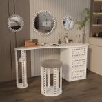 Klubeconcept Ponpon Detaylı Makyaj Masası Seti Ayna ve Puf Dahil El Yapımı Dekoratif Tasarım % 100 Mdf - Beyaz