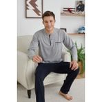 KLY 9111 Erkek Büyük Beden %100 Pamuklu Midi Yaka Uzun Kollu Pijama Takım - Gri - 4XL