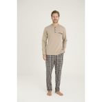 Kly 9223 Erkek %100 Pamuklu 4 Mevsim Kumaş Ekoseli Uzun Kollu Pijama Takım - Bej - 2XL