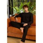 Kly Erkek Midi Yaka %100 Pamuklu 4 Mevsim Uzun Kollu Şerit Detaylı Pijama Takım
