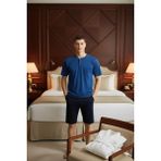Kly Yeni Sezon Büyük Beden Midi Yaka Şortlu Lüx Tasarım Pijama Takımı - Mavi - 5XL