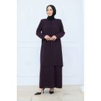 KMK Kombin Kadın Çiçek Işlemeli Şık Pantolonlu Tesettür Takım - Mürdüm - 46