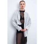 Know Kadın Siyah Oversize Dikey Çizgili Beyaz Gömlek