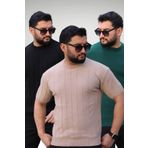 Know Siyah Bej Yeşil 3lü Set Bisiklet Yaka Kabartma Triko Örme Kısa Kollu Tişört