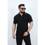 Know Siyah Yarım Fermuarlı Polo Yaka Düz Triko Örme Tişört