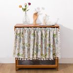 KnSam H45 x 132 Pencere Perdesi Vual Bistro Perde, Ağaç Dalları Yapraklar Püsküllü Desen Bej Mavi Yeşil Pencere Perdeleri, Balkon Kapısı Modern 1 Adet, Perde Çubuğu için Halatlı Pamuk Keten, Vual