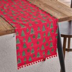 KnSam Masa örtüsü baskılı Noel ağacı desenli, püsküllü masa örtüsü, polyester pamuk, masa örtüsü, yolluk, dekoratif kumaş, kır evi tarzı, yemek odası dekorasyonu için, kırmızı yeşil, 33 x 180 cm
