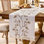 KnSam Masa örtüsü, işlemeli akçaağaç yaprakları, asma desenli, püsküllü, polyester masa örtüsü, runner masa örtüsü, düğün dekorasyonu, masa dekorasyonu, modern dekorasyon, bej, kahve, 39 x 180 cm
