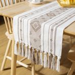 KnSam Masa örtüsü, jakarlı eşkenar dörtgen çizgili desenli, püsküllü, polyester pamuk, masa örtüsü, yolluk, ev, restoran, otel, masa dekorasyonu, bej, kahve, 35 x 180 cm