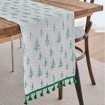 KnSam Masa örtüsü, yolluk, 33 x 220 cm, baskılı sedir desenli, püsküllü, polyester, pamuk, masa runnerı, yemek odası, parti dekorasyonu, yeşil bej