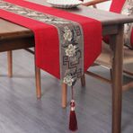 KnSam Masa örtüsü, yolluk, kırmızı, kahve, jakarlı çiçekler, orta şerit desenli, püsküllü, masa runnerı, keten runner masa örtüsü, yemek odası, parti dekorasyonu için, 33 x 160 cm
