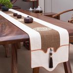 KnSam Masa örtüsü, Zen temalı, orta çizgili, işlemeli desen, püsküllü, polyester masa örtüsü, masa örtüsü, yıkanabilir, oteller, masa dekorasyonu, bej, kahve, 33 x 240 cm