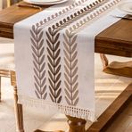 KnSam Masa Runner işlemeli yapraklar desenli püsküllü, masa örtüsü, polyester masa örtüsü, runner masa örtüsü, masa örtüsü, düğün, masa dekorasyonu, bej, kahve, 39 x 180 cm