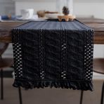 KnSam Masa Runner Tek Renkli Dalgalı Geometri Desenli Püsküllü, Runner Polyester Pamuk Masa Örtüsü Runner Masa Örtüsü Şık Masa Dekorasyonu Tatil Parti Doğum Günü Dekoru, Siyah, 33 x 160 cm