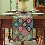 KnSam Runner masa örtüsü 30 x 180 cm, jakarlı geometrik desen, dantel kenarlı, polyester masa örtüsü, yolluk, dekoratif kumaş, kır evi tarzı, yemek odası dekorasyonu, yeşil turuncu