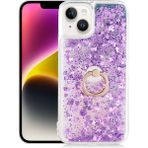 Kny Apple Apple iPhone 14 Kılıf Sıvılı Kalpli Yüzüklü Hareketli Milce Kapak - Mor