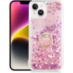 Kny Apple Apple iPhone 14 Plus Kılıf Sıvılı Kalpli Yüzüklü Hareketli Milce Kapak - Pembe