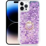 Kny Apple Apple iPhone 14 Pro Max Kılıf Sıvılı Kalpli Yüzüklü Hareketli Milce Kapak - Mor