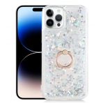 KNY Apple İphone 14 Pro Max Kılıf Sıvılı Kalpli Yüzüklü Hareketli Milce Kapak Gri