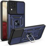 KNY Samsung Galaxy A12 Kılıf Ultra Korumalı Yüzüklü Manyetik Sürgülü Vega Kapak Lacivert