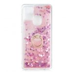 KNY Samsung Galaxy A21S Kılıf Simli Sıvılı Kalplı Yüzüklü Milce Kapak Pembe