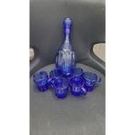 Kobalt Mavi Kristal Cam Sürahi ve Bardak Seti, 30x12cm Sürahi, 6 Adet 8x11x6,5cm Bardak, Antik Desenli