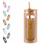Kodrine 20oz Saman ve Kapaklı Cam Su Tamburu, Bambu Kapaklar Su Şişesi, Buzlu Kahve Fincanı Yeniden Kullanılabilir, Geniş Ağızlı Smoothie Bardakları, Saman Silikon Koruyucu Kılıf BPA SERBEST Kehribar