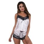 KOEMCY Kadın pijama takımı, dantelli, kenarlı, gecelik, kolsuz kaşkorse şort seti, saten iç çamaşırı, imitasyon ipek gecelik, 2 parça yelek ve şort, beyaz, S