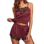 KOEMCY Kadınlar için Pijama Takımı Saten Pijama Seti Seksi Baskı Dantel Kenarlı Kaşkorse Üst Şort Pijama V Yaka İç Çamaşırı Askılı Kolsuz Kolsuz Üst Gecelik, kırmızı, L