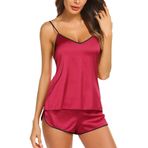 KOEMCY Pijama Kadın Seksi İç Çamaşırı Pijama Saten Gecelik Seksi V Yaka Pijama Kolsuz Kaşkorse Şort Setleri, Kırmızı, M