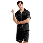 KOEMCY Saten Pijama Kadın Erkek Kısa Çift Pijama Seti Gece Çamaşırı Düğmeli Gömlek Pijama Şortlu Üst Giyim Eşleşen Pijama Çiftler Salon Giysisi, Siyah-Erkek., XXL
