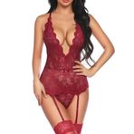 KOEMCY Seksi İç Çamaşırı Bodysuit Kadın Seksi Dantel Oyuncak Seksi İç Çamaşırı Derin V Yaka İç Çamaşırı Pijama Erotik İç Çamaşırı Seti Babydoll Jartiyer Kemerli İç Çamaşırı (Kırmızı, L)