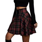KOJOOIN kadın Etek Damalı Mini Pileli Etek Gotik Elbise Yüksek Bel Cosplay Elbise A-Line Bağcıklı Kırmızı L