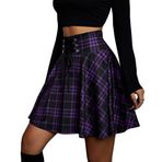 KOJOOIN kadın Etek Damalı Mini Pileli Etek Gotik Elbise Yüksek Bel Cosplay Elbise A-Line Bağcıklı Üzüm M