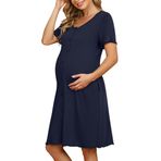 KOJOOIN Kadın gecelik, doğum, emzirme geceliği, kısa kollu, pamuk, hamile geceliği, boydan boya düğme şeritli gece elbisesi (çok yönlü ambalaj), Koyu mavi (kısa kollu), M