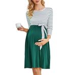 KOJOOIN Kadın Hamile Elbisesi Yuvarlak Yaka Çizgili Hamilelik Elbisesi 3/4 Kollu Günlük Hamile Modası Kemerli (Çok Yönlü Ambalaj), koyu yeşil, XL