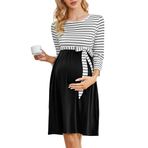 KOJOOIN Kadın Hamile Elbisesi Yuvarlak Yaka Çizgili Hamilelik Elbisesi 3/4 Kollu Günlük Hamile Modası Kemerli (Çok Yönlü Ambalaj), Siyah, XL