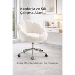 KOKİ DESİGN Papatya Kırık Beyaz Peluş Kumaş Krom Ayaklı Çalışma Sandalyesi ve Ofis Koltuğu (Yükseklik Ayarlı)