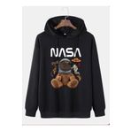 Kokina Unisex Siyah Nasa Ayıcık Baskılı Kapüşonlu Sweatshirt