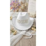 Kokoş Parti Beyaz Bride Taşlı ve İncili Lüks Kovboy Şapkası • Cowgirl Şapka • Bekarlığa Veda Gelin Şapkası