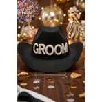 Kokoş Parti Siyah Groom Taşlı ve İncili Lüks Kovboy Şapkası • Cowboy Şapka • Bekarlığa Veda Damat Şapkası
