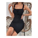 Kokosh moda Kadın Askılı Kare Yaka Bağcıklı Siyah Mini Elbise