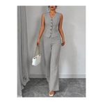 Kokosh moda Kadın Askılı önden Düğmeli Bluz Ve Pantolon Keten Ikili Takım