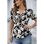 Kokosh moda Kadın V Yaka Çiçek Desenli Kısa Kollu Süprem Bluz
